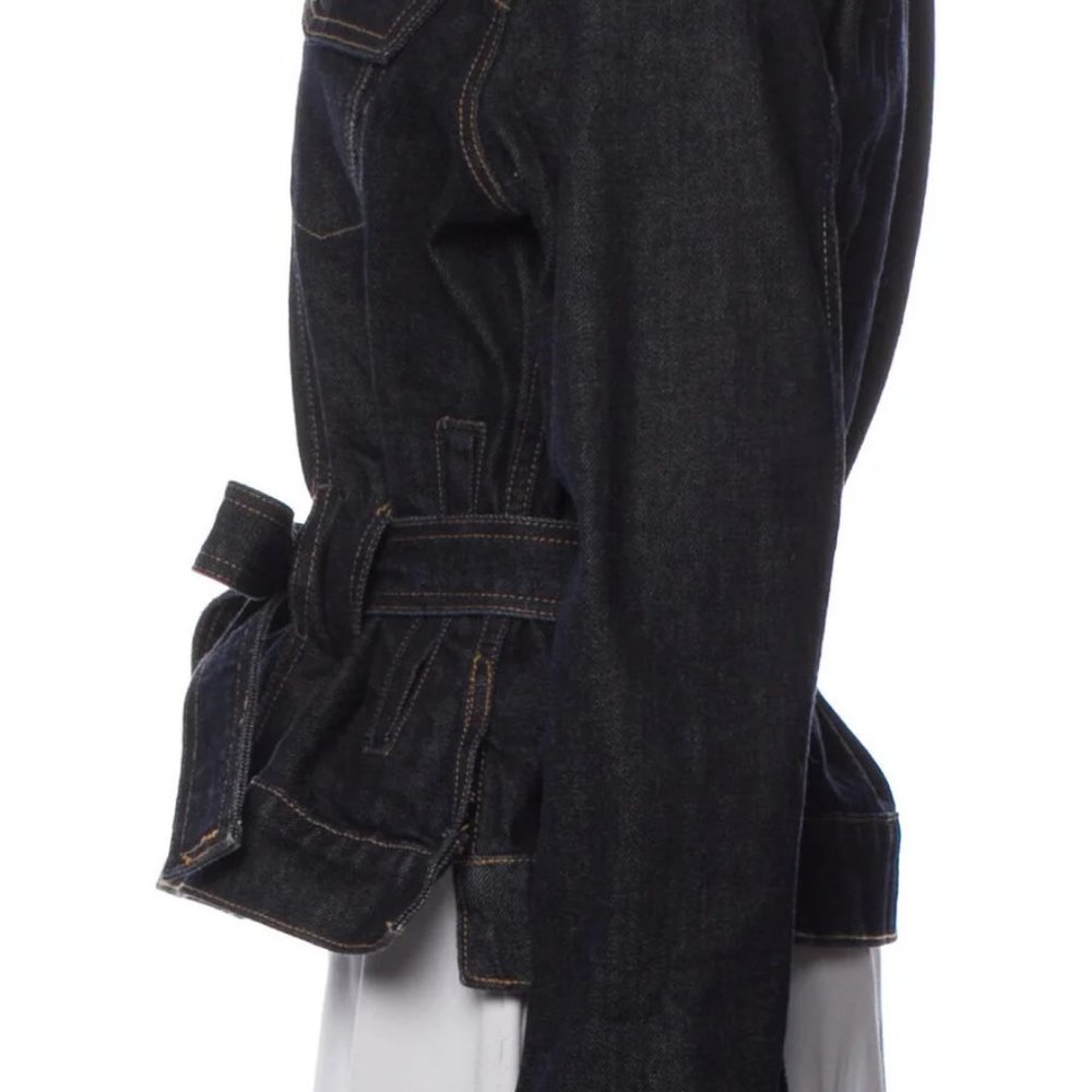 Trave Blue Pointed Collar Flap Pockets Button Closure Belted Denim Jacket Small - Picture 11 of 12